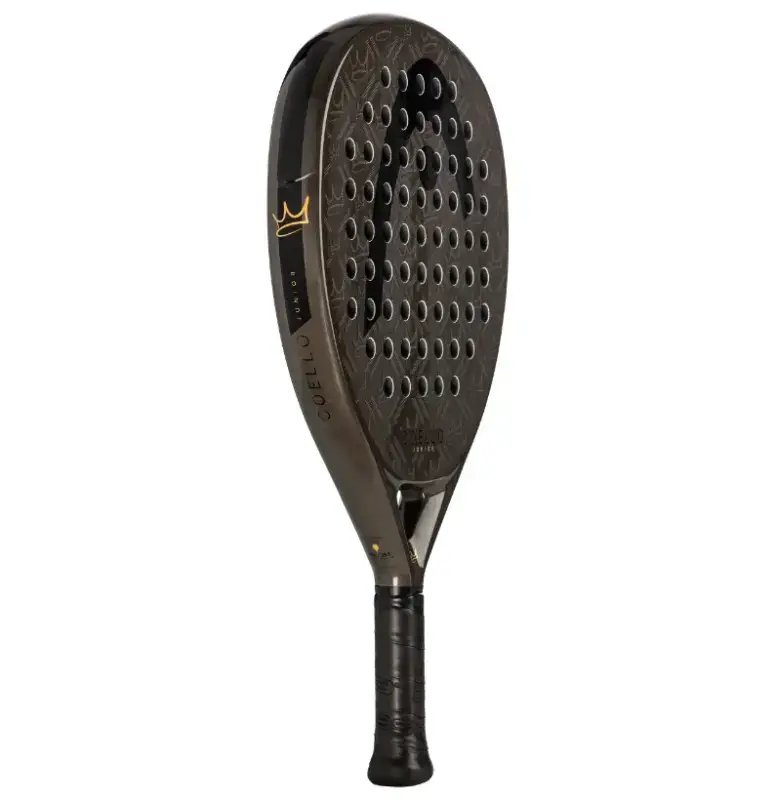 Head Coello Junior Padelschlaeger Rueckseite dunkel-anthrazit mit goldenem HEAD Logo und schwarzem Griff Oversize-Tropfenform