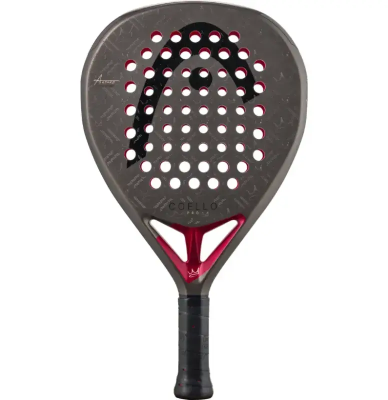 Schwarzer Head Coello Pro Padelschlaeger Vorderseite Diamantform mit weissem HEAD Logo roten Rahmenakzenten und Coello Kronenmotiv by Arturo Coello Weltrangliste Nr. 1