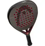 Head Coello Team Padelschlaeger Kopf-Nahaufnahme von unten mit grossem HEAD Logo und roter Brueckenstruktur auf schwarzem Hintergrund