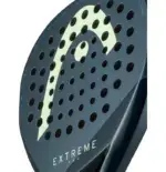 Head Extreme Pro Padelschlaeger Schlagflaeche Nahaufnahme grosses mintgruenes HEAD Logo EXTREME Schriftzug und 3D Extreme Spin Textur auf dunkelblauem Carbon