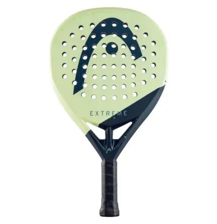 Hellgruener Head Extreme Team Padelschlaeger Vorderseite Rundform mit dunkelblauem HEAD Logo und EXTREME Schriftzug schwarzem Griff