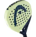 Head Extreme Team Padelschlaeger Schlagflaeche Nahaufnahme grosses dunkelblaves HEAD Logo und EXTREME Schriftzug auf hellgruener Glasfaser-Schlagflaeche mit Lochmuster