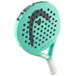 Head Gravity Team Light Padelschlaeger Frontansicht Nahaufnahme schwarzes HEAD Logo und G-Logo mit Lochmuster auf tuerkiser Schlagflaeche