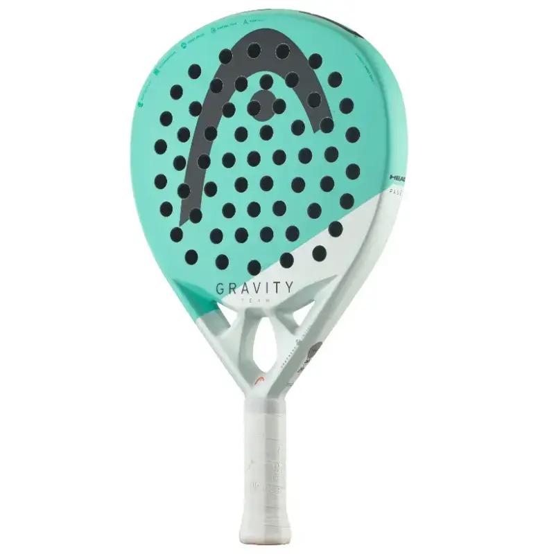 Head Gravity Team Padelschlaeger Rueckseite tuerkis mit schwarzem HEAD Logo und schwarzen Akzenten auf Rundform