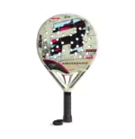 Cremeweisser Royal Padel 36 Aniversario Light Padelschlaeger Vorderseite Tropfenform mit buntem Pixel-Retro-Design ANIVERSARIO Schriftzug und Royal Padel R-Logo
