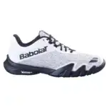 Babolat Jet Viva Men Padel-Schuh in Weiss/Schwarz - Aussenansicht links mit recyceltem Mesh-Obermaterial, Babolat-Logo und KPRS-X-Fersenbereich