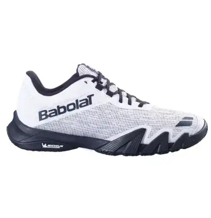 Babolat Jet Viva Men Padel-Schuh in Weiss/Schwarz - Aussenansicht links mit recyceltem Mesh-Obermaterial, Babolat-Logo und KPRS-X-Fersenbereich