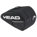 Schwarze Head Base Padel Bag M BK Seitenansicht freigestellt mit weissem HEAD Schriftzug HEAD Logo Tragegriff und dunkelgrau abgesetzter Aussentasche