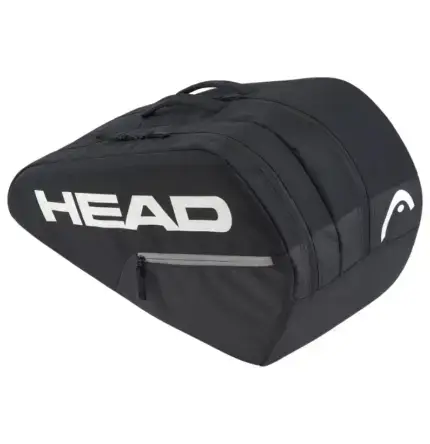 Schwarze Head Base Padel Bag M BK Seitenansicht freigestellt mit weissem HEAD Schriftzug HEAD Logo Tragegriff und dunkelgrau abgesetzter Aussentasche