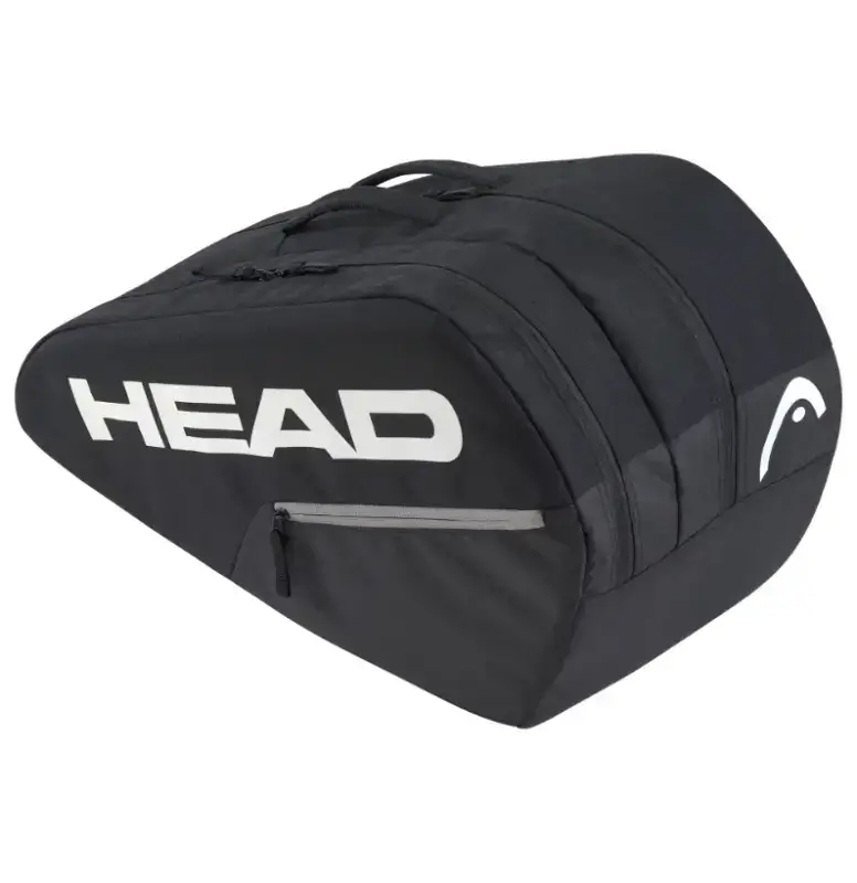 Schwarze Head Base Padel Bag M BK Seitenansicht freigestellt mit weissem HEAD Schriftzug HEAD Logo Tragegriff und dunkelgrau abgesetzter Aussentasche