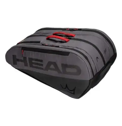 Dunkelgraue Head Coello Tour Padel Bag L Produktbild freigestellt mit weissem HEAD Schriftzug roten Akzenten und goldenem Coello Kronenmotiv by Arturo Coello