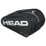 Schwarze Head Tour Padel Bag L Seitenansicht geschlossen mit grossem weissem HEAD Schriftzug weissen Reissverschluss-Akzenten und Tragegriff oben