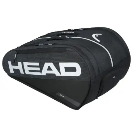 Schwarze Head Tour Padel Bag L Seitenansicht geschlossen mit grossem weissem HEAD Schriftzug weissen Reissverschluss-Akzenten und Tragegriff oben
