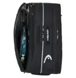 Head Tour Padel Bag L Hauptfach geoeffnet frontal mit Padelschlaegers im Innern HEAD Logo Innenfach und Reissversschluss-Zubehoertasche
