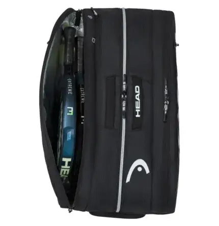 Head Tour Padel Bag L Hauptfach geoeffnet frontal mit Padelschlaegers im Innern HEAD Logo Innenfach und Reissversschluss-Zubehoertasche