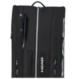 Head Tour Padel Bag L Rueckseite hochkant mit gepolsterten Rucksackgurten schwarzes Material und HEAD Schriftzug