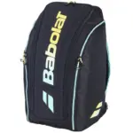 Babolat RH Perf Padel 2nd Gen in der Frontansicht - Marine-Schwarz mit mintgruenen Akzenten, gelbem Babolat-Logo, isothermes Rucksack-Design fuer 4 Schlaeger