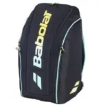 Babolat RH Perf Padel 2nd Gen in der Frontansicht - Marine-Schwarz mit mintgruenen Akzenten, gelbem Babolat-Logo, isothermes Rucksack-Design fuer 4 Schlaeger