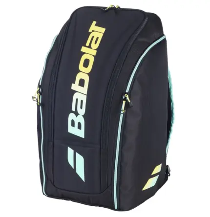 Babolat RH Perf Padel 2nd Gen in der Frontansicht - Marine-Schwarz mit mintgruenen Akzenten, gelbem Babolat-Logo, isothermes Rucksack-Design fuer 4 Schlaeger