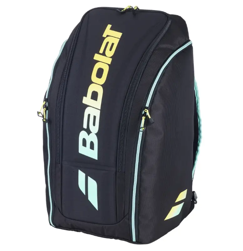 Schwarze Babolat RH Perf Padel 2nd Gen mit gelb-mintfarbenem Schriftzug und mintfarben eingefassten Reißverschlüssen