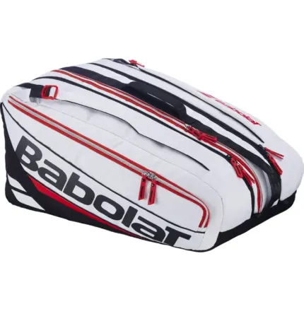 Babolat RH Pro Padel Technical Tasche Weiß-Schwarz-Rot, Frontansicht von oben mit Markenschriftzug, zwei Hauptfächern und wasserabweisendem Außenmaterial