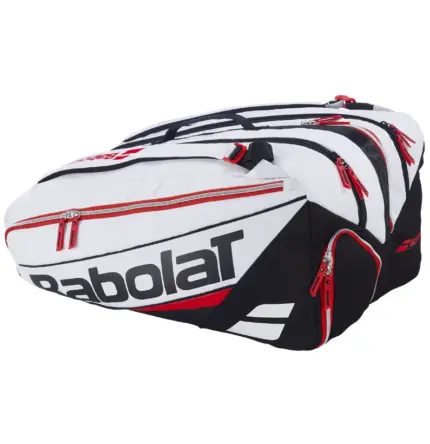 Babolat RH Pro Padel Technical Tasche Seitenansicht mit schwarzem Bodenbereich, roten Reißverschlussdetails und Babolat-Schriftzug auf weißem Außenmaterial