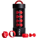 NOX Custom Grip schwarze zylindrische Verpackung mit 4 roten Silikonringen im transparenten Mittelteil rotem Tragegriff und 3 einzelnen Silikonringen vor der Dose