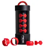 NOX Custom Grip schwarze zylindrische Verpackung mit 4 roten Silikonringen im transparenten Mittelteil rotem Tragegriff und 3 einzelnen Silikonringen vor der Dose