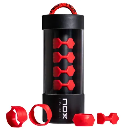 NOX Custom Grip schwarze zylindrische Verpackung mit 4 roten Silikonringen im transparenten Mittelteil rotem Tragegriff und 3 einzelnen Silikonringen vor der Dose