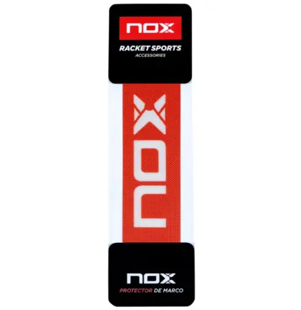 NOX Rahmenschutz rot freigestellt rotes Schutzband mit weissem NOX Schriftzug und schwarzen Verpackungskaertchen PROTECTOR DE MARCO oben und unten