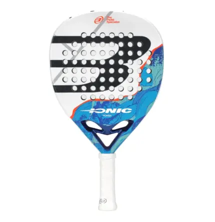 Weisser Bullpadel Ionic Power Padelschlaeger Vorderseite Diamantform mit blau-orangem Design Bullpadel B-Logo und IONIC Schriftzug weisser Griff