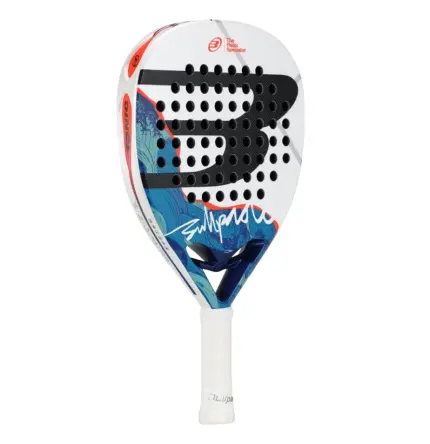 Bullpadel Ionic Power Padelschlaeger Rueckseite weiss mit Bullpadel Logo Signatur und blau-orangem Design auf Diamantform