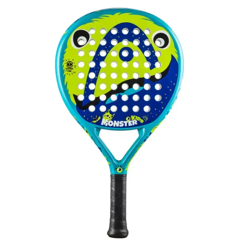 Tuerkiser Head Monster Kids Padelschlaeger Vorderseite Tropfenform gelbgruene Monster-Schlagflaeche mit weissen Augen HEAD Logo und MONSTER Schriftzug Kinder bis 10 Jahre