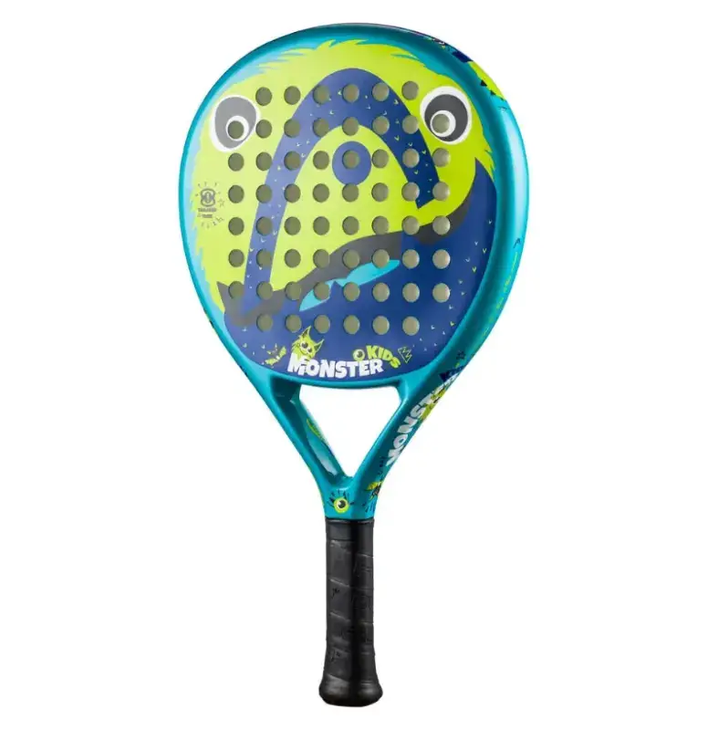 Head Monster Kids Padelschlaeger Rueckseite freigestellt tuerkis-gelbgruenes Monster-Design MONSTER Schriftzug und Armschlaufe Tropfenform