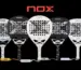Nox AT10 Serie mit fünf Padelschlägern der Reihe nebeneinander vor schwarzem Hintergrund
