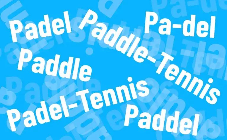 Die Schreibweisen Padel, Paddle, Paddel und Padel-Tennis als Schriftzug auf hellblauem Hintergrund