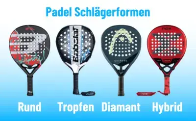Vier Padelschläger in den Formen rund, Tropfen, Diamant und Hybrid nebeneinander
