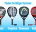 Vier Padelschläger in den Formen rund, Tropfen, Diamant und Hybrid nebeneinander