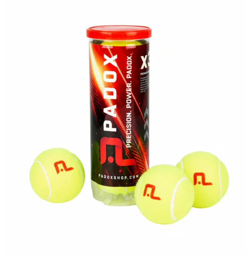 Padox Padelbälle 3er Dose Gelb – Produktansicht Padox Padelbälle 3er Dose Gelb in roter Dose mit drei gelben Padelbaellen und PADOX-Logo