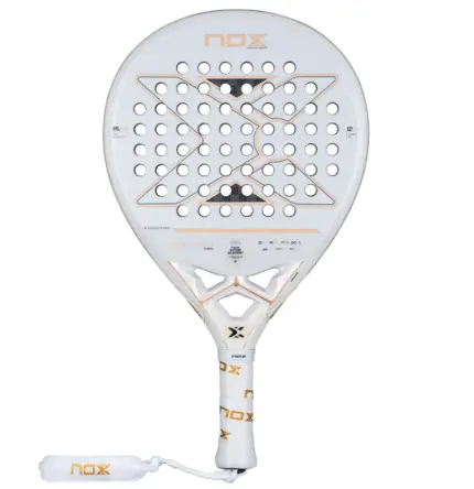 Weisser Nox NextGen Pro Hybrid 12K NFA 2026 Padelschlaeger Vorderseite in Hybrid-Form mit goldenen Akzenten und NOX-Logo