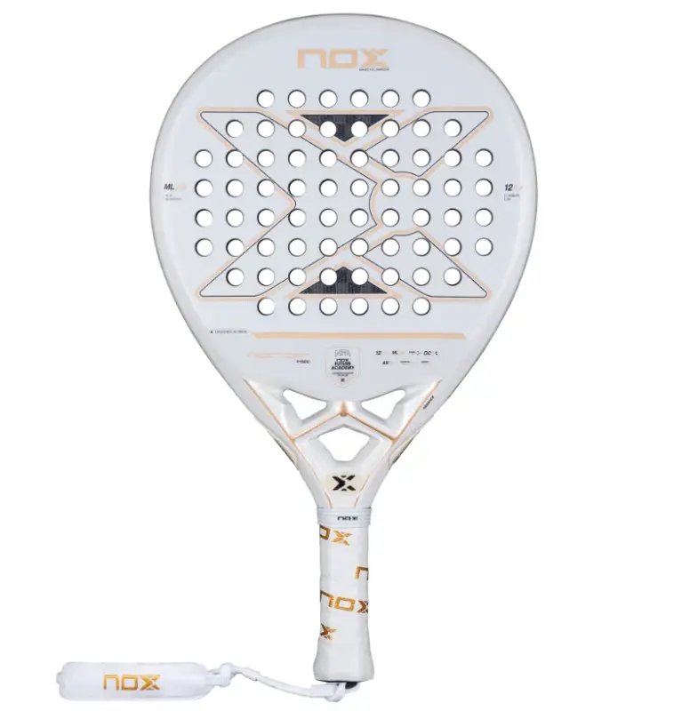Weisser Nox NextGen Pro Hybrid 12K NFA 2026 Padelschlaeger Vorderseite in Hybrid-Form mit goldenen Akzenten und NOX-Logo