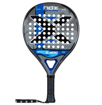 Nox X-Hero Blue 2026 Padelschlaeger Vorderseite in Rundform mit blauem X-Design und X-Hero Schriftzug
