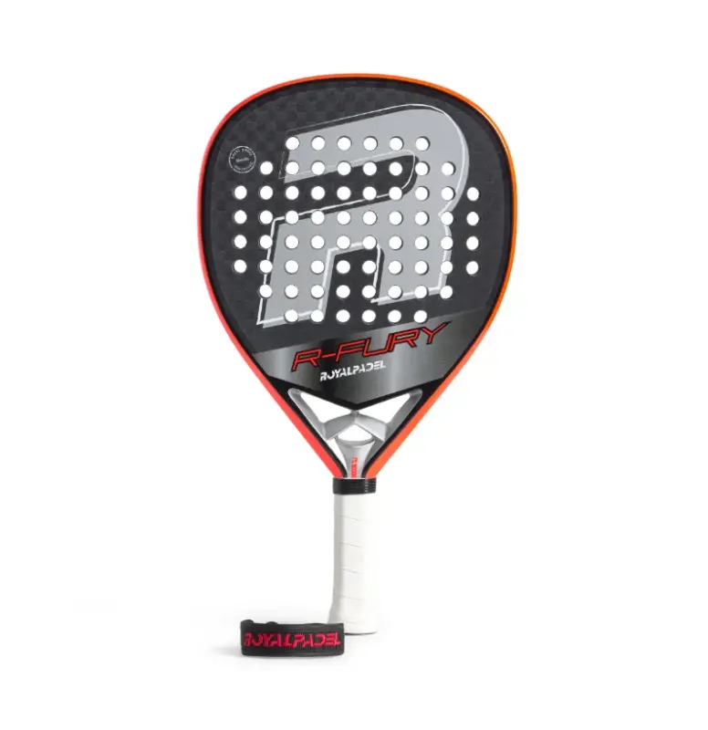 Royal Padel Fury 2026 Padelschlaeger Vorderseite in Tropfenform mit schwarzer Schlagflaeche und rotem Rahmen