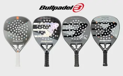 Vier verschiedene Modelle der Bullpadel Hack Padel-Schläger-Serie in Grau- und Schwarztönen nebeneinander unter dem Bullpadel-Logo.
