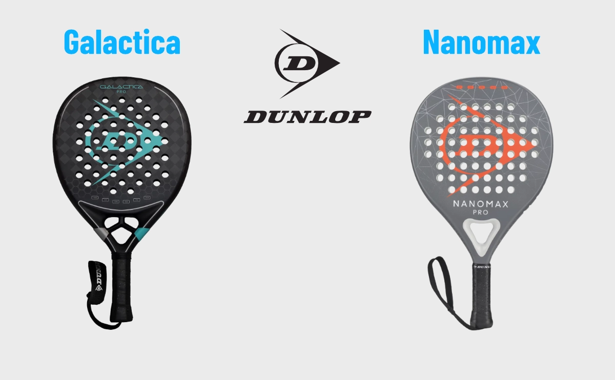 Dunlop Padelschläger: Galactica und Nanomax Pro nebeneinander mit Dunlop Logo