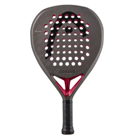 HEAD Coello Motion 2026 Padelschläger frontal in Grau mit schwarzem HEAD Logo und dunkelrot eingefassten Löchern