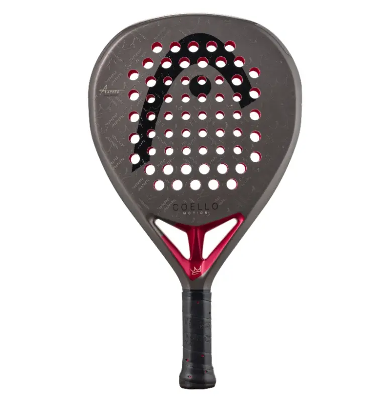 HEAD Coello Motion Padelschlaeger Vorderseite in Rundform mit anthrazit Rahmen und rotem Herz-Lochmuster