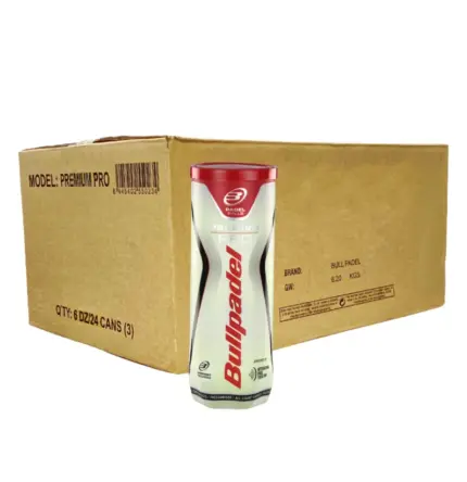 Brauner Karton der Bullpadel Premium Pro Padelbälle mit einer 3er Dose Premium Pro davor vor weißem Hintergrund