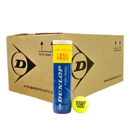 Dunlop Fort Padel Padelbälle brauner Karton mit Dunlop Logo davor eine blaue Dose und ein gelber Padelball