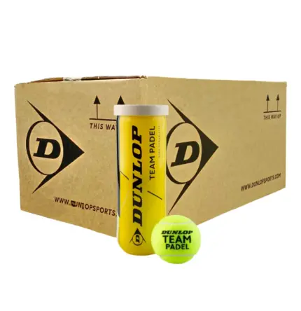 Team Padel 3er Dose und gelber Ball vor einem braunen Dunlop Karton mit Dunlop Logo